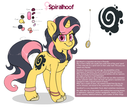 Size: 4055x3500 | Tagged: safe, artist:fluffyxai, imported from derpibooru, oc, oc only, oc:spiralhoof, unicorn, curved horn, cutie mark, horn, hypnosis, hypnotist, pocket watch, reference sheet, simple background, smiling, smirk, text, transparent background