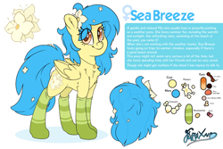 Size: 3000x2000 | Tagged: safe, artist:fluffyxai, imported from derpibooru, oc, oc:sea breeze, pegasus, chest fluff, clothes, cutie mark, female, flower, flower in hair, high res, mare, misspelling, raised tail, reference sheet, simple background, socks, tail, text