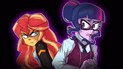 Size: 1920x1080 | Tagged: safe, artist:beefgummies, artist:fatjelyfish, imported from derpibooru, sci-twi, sunset shimmer, twilight sparkle, equestria girls, friendship games, aggie.io, clothes, collaboration, crystal prep academy uniform, duo, female, glasses, hair bun, jacket, looking back, redraw, scene interpretation, school uniform, suspicious, sweat