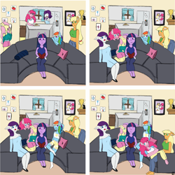 Size: 2048x2048 | Tagged: safe, artist:mintymelody, imported from derpibooru, applejack, fluttershy, pinkie pie, rainbow dash, rarity, twilight sparkle, anthro, comic:and they were roommates, digital art, high res, mane six, polyamory, shipping