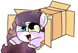 Size: 1080x729 | Tagged: safe, artist:droopihorn, imported from derpibooru, oc, oc only, oc:lullaby, earth pony, pony, :d, base used, box, earth pony oc, eyelashes, female, heterochromia, mare, open mouth, pony in a box, smiling, solo, unshorn fetlocks