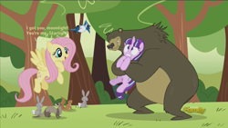 Size: 1280x720 | Tagged: safe, imported from ponybooru, screencap, fluttershy, harry, starlight glimmer, bird, blue jay, ferret, pegasus, pony, rabbit, squirrel, the cutie re-mark, animal, bear hug, dua lipa, flying, frown, gritted teeth, holding, holding a pony, hug, legitimate bear hugs, lyrics, open mouth, pain, pun, s5 starlight, smiling, song reference, song reference in the description, text, wide eyes