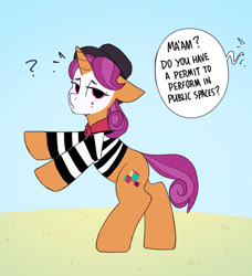 Size: 1152x1262 | Tagged: safe, artist:tallaferroxiv, quiet gestures, pony, unicorn, clothes, dialogue, female, hat, horn, lidded eyes, mare, mime, newbie artist training grounds, offscreen character, question mark, rearing, solo