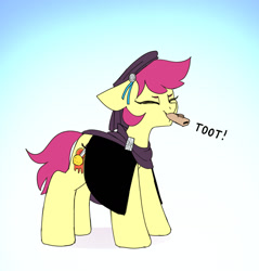 Size: 1213x1268 | Tagged: safe, artist:tallaferroxiv, oc, oc only, earth pony, pony, cape, cloak, clothes, earth pony oc, eyes closed, female, hat, kazoo, mare, musical instrument, newbie artist training grounds, onomatopoeia, playing instrument, solo, toot