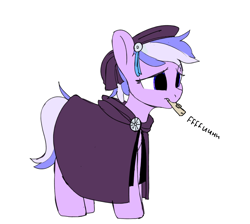 Size: 894x802 | Tagged: safe, artist:tallaferroxiv, oc, oc only, earth pony, pony, cloak, clothes, earth pony oc, female, hat, kazoo, mare, musical instrument, onomatopoeia, sad eyes, simple background, solo, white background