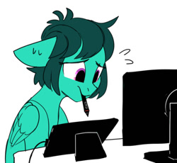 Size: 627x576 | Tagged: safe, artist:tallaferroxiv, oc, oc only, oc:talla femmod, pegasus, pony, computer monitor, drawing tablet, female, floppy ears, mare, mouth hold, newbie artist training grounds, pegasus oc, pen, simple background, solo, white background, wings