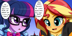 Size: 1280x650 | Tagged: safe, artist:ameliacostanza, imported from derpibooru, flash sentry, sci-twi, sunset shimmer, twilight sparkle, equestria girls, female, floating heart, heart, male, micro, shrinking