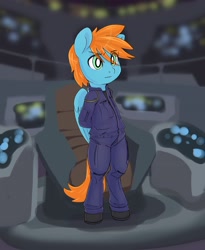 Size: 2048x2501 | Tagged: safe, artist:compound lift, imported from derpibooru, oc, oc only, oc:basso, pegasus, semi-anthro, background, coveralls, high res, horsin' around, male, solo, star trek, star trek: enterprise