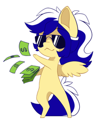 Size: 898x1105 | Tagged: safe, artist:arctic-fox, imported from derpibooru, oc, oc only, oc:animatedpony, pegasus, pony, bipedal, male, money, simple background, solo, sunglasses, transparent background, white outline