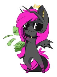 Size: 839x1134 | Tagged: safe, alternate version, artist:arctic-fox, imported from derpibooru, oc, oc only, oc:regio, demon, demon pony, original species, pony, alternate character, bipedal, chibi, make it rain, male, money, simple background, solo, sunglasses, transparent background, white outline