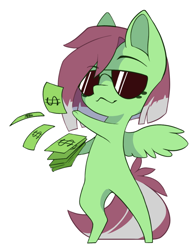 Size: 834x1067 | Tagged: safe, alternate version, artist:arctic-fox, imported from derpibooru, oc, oc only, oc:watermelon success, pegasus, pony, alternate character, bipedal, chibi, money, simple background, solo, sunglasses, transparent background