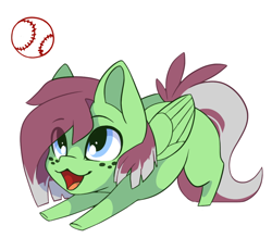 Size: 1006x880 | Tagged: safe, alternate version, artist:arctic-fox, imported from derpibooru, oc, oc only, oc:watermelon success, pegasus, pony, :3, alternate character, ball, chibi, simple background, solo, stretching, tennis ball, transparent background