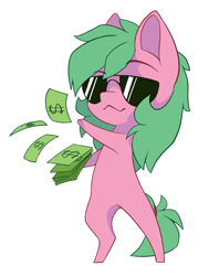 Size: 825x1089 | Tagged: safe, alternate version, artist:arctic-fox, imported from derpibooru, oc, oc only, oc:pine berry, earth pony, pony, alternate character, chibi, money, simple background, solo, sunglasses, transparent background