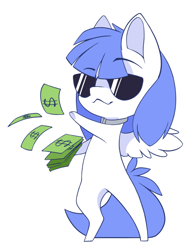 Size: 838x1090 | Tagged: safe, alternate version, artist:arctic-fox, imported from derpibooru, oc, oc only, oc:snow pup, pegasus, pony, alternate character, chibi, collar, money, simple background, solo, sunglasses, transparent background