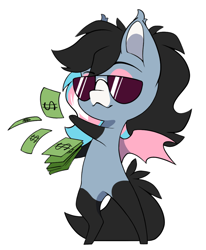 Size: 902x1094 | Tagged: safe, alternate version, artist:arctic-fox, imported from derpibooru, oc, oc only, oc:starskipper, bat pony, pony, alternate character, bat pony oc, bat wings, chibi, money, simple background, solo, sunglasses, transparent background, wings