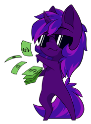 Size: 785x1065 | Tagged: safe, alternate version, artist:arctic-fox, imported from derpibooru, oc, oc only, oc:tihan, pony, unicorn, alternate character, chibi, money, simple background, solo, sunglasses, transparent background