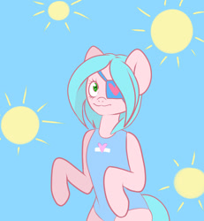 Size: 1280x1383 | Tagged: safe, artist:0blackster, artist:ranillopa, imported from derpibooru, oc, oc only, earth pony, pony, clothes, digital art, eyepatch, female, hooves, looking at you, mare, one-piece swimsuit, simple background, smiling, smiling at you, solo, standing, swimsuit, tail