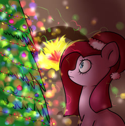 Size: 1280x1290 | Tagged: safe, artist:0blackster, artist:ranillopa, imported from derpibooru, pinkie pie, earth pony, pony, christmas, christmas lights, christmas tree, digital art, female, hat, holiday, mare, pinkamena diane pie, santa hat, sitting, solo, tree