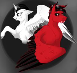 Size: 1771x1673 | Tagged: safe, artist:byemyfriends, artist:schokocream, imported from derpibooru, oc, oc only, oc:toonkriticy2k, alicorn, pegasus, pony, abstract background, alicorn oc, bust, duo, fangs, hatless, horn, male, missing accessory, pegasus oc, stallion, wings