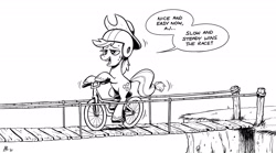 Size: 2694x1500 | Tagged: safe, artist:mellodillo, imported from derpibooru, applejack, earth pony, pony, applejack's hat, bicycle, black and white, bridge, cowboy hat, female, grayscale, hat, helmet, mare, monochrome, riding, solo, speech bubble, sweat