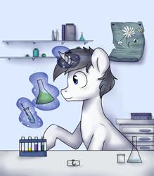 Size: 1280x1463 | Tagged: safe, artist:0blackster, artist:ranillopa, imported from derpibooru, oc, oc only, pony, unicorn, digital art, flask, glowing horn, hooves, horn, laboratory, magic, male, solo, stallion, test tube