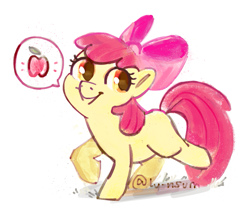 Size: 1109x946 | Tagged: safe, artist:lynsum, imported from derpibooru, apple bloom, earth pony, pony, adorabloom, bow, cute, female, filly, hair bow, simple background, smiling, solo, speaking in images, speech bubble, white background