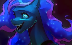 Size: 1280x800 | Tagged: safe, artist:cancirie, imported from derpibooru, princess luna, alicorn, pony, cute, cute little fangs, fangs, female, mare, open mouth, solo