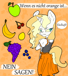 Size: 1953x2195 | Tagged: safe, artist:2hrnap, imported from derpibooru, oc, oc only, oc:dyxkrieg, anthro, apple, banana, blueberry, cherry, clothes, dirndl, dress, food, german, grapes, lemon, magical lesbian spawn, offspring, parent:oc:dyx, parent:oc:luftkrieg, parents:oc x oc, ponybooru import, speech bubble, wingding eyes