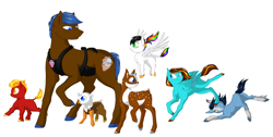 Size: 3842x1940 | Tagged: safe, artist:byemyfriends, artist:schokocream, imported from derpibooru, oc, oc only, oc:any pony, oc:firebrand, oc:ilovekimpossiblealot, oc:lightning bliss, oc:mad munchkin, oc:silver quill, oc:tyandaga, alicorn, deer, griffon, hippogriff, pony, alicorn oc, colt, deer oc, female, filly, flying, griffon oc, horn, male, mare, simple background, stallion, white background, wings