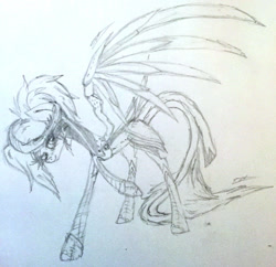 Size: 2383x2311 | Tagged: safe, artist:beamybutt, imported from derpibooru, pegasus, pony, artificial wings, augmented, eyelashes, female, grayscale, high res, mare, mechanical wing, mercy, monochrome, overwatch, ponified, raised hoof, signature, solo, traditional art, wings