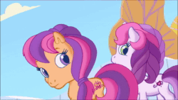 Size: 1920x1080 | Tagged: safe, imported from derpibooru, screencap, scootaloo (g3), sweetie belle (g3), earth pony, pony, unicorn, twinkle wish adventure, animated, duo, female, filly, g3.5, mane flip, sassy, sound, webm