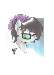 Size: 10200x14028 | Tagged: safe, artist:tonyfleecs, imported from derpibooru, oc, oc only, oc:nightshade (pegasus), pegasus, pony, absurd resolution, babscon, babscon 2019, beanie, commission, ear piercing, earring, female, glasses, hat, jewelry, looking at you, mare, piercing, simple background, solo, traditional art