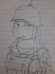 Size: 3000x4000 | Tagged: safe, artist:bunnyshrubby, artist:mustaphatr, imported from derpibooru, maud pie, earth pony, pony, equestria at war mod, female, frown, high res, mare, pickelhaube, shovel, solo, traditional art