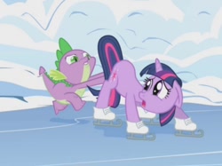 Size: 852x636 | Tagged: safe, imported from derpibooru, screencap, spike, twilight sparkle, dragon, pony, unicorn, season 1, winter wrap up, butt pushing, duo, female, floppy ears, ice skates, male, mare, out of context, skates, snow, unicorn twilight