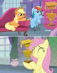 Size: 1292x1652 | Tagged: safe, imported from derpibooru, screencap, applejack, fluttershy, rainbow dash, non-compete clause, season 8, spoiler:s08, discovery family logo, meme template, school of friendship, trophy