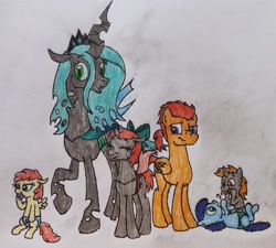 Size: 2347x2112 | Tagged: safe, artist:someguy458, imported from derpibooru, queen chrysalis, oc, oc:bedbug, oc:crimson mane, oc:low chirp, oc:myiasis, oc:ruby wings, changeling, pony, series:rubyandfriends, family, high res, red changeling