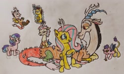 Size: 3302x1981 | Tagged: safe, artist:someguy458, imported from derpibooru, discord, fluttershy, oc, oc:eagle eye, oc:idaru, oc:lady chaos, oc:narmal, oc:violet spiral, draconequus, hybrid, pegasus, pony, discoshy, draconequified, female, flutterequus, high res, interspecies offspring, male, offspring, parent:discord, parent:fluttershy, parents:discoshy, shipping, species swap, straight, transformed