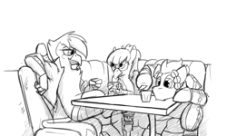 Size: 1280x768 | Tagged: safe, artist:captainhoers, imported from derpibooru, oc, oc only, oc:aiah, oc:hera sinclair, oc:larkspur blues, griffon, pony, black and white, cocktail umbrella, crossed legs, female, grayscale, male, mare, monochrome, mug, simple background, sitting, stallion, white background