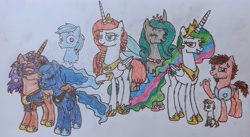 Size: 3843x2112 | Tagged: safe, artist:someguy458, imported from derpibooru, princess celestia, princess luna, oc, oc:alicus primus, oc:daisy nectar, oc:lemon light, oc:lunar masquerade, oc:partial eclipse, oc:ventus, alicorn, changeling, earth pony, ghost, pony, undead, unicorn, series:rubyandfriends, canon x oc, family, female, grin, high res, hug, male, nervous, nervous grin, offspring, parent:oc:partial eclipse, parents:canon x oc, pregnant, shipping, smiling, straight, winghug, wings