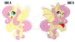 Size: 1600x911 | Tagged: safe, artist:missbramblemele, artist:missmele-madness, imported from derpibooru, part of a set, fluttershy, bat pony, pegasus, pony, apple, bat ponified, deviantart watermark, duality, flutterbat, food, obtrusive watermark, race swap, simple background, transparent background, watermark, white outline