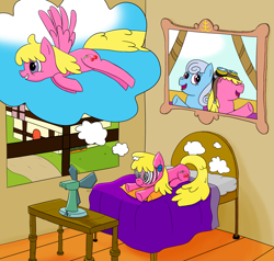 Size: 3551x3383 | Tagged: safe, artist:librarylonging, imported from derpibooru, cherry berry, linky, shoeshine, earth pony, pegasus, pony, bed, daydream, fan, flower, high res, hypnogear, hypnosis, on bed, race swap, table, thought bubble, visor, window