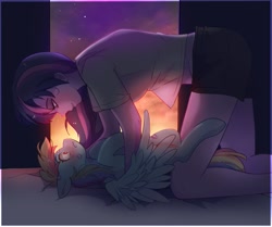 Size: 1017x849 | Tagged: safe, artist:aaa-its-spook, imported from derpibooru, rainbow dash, twilight sparkle, human, pegasus, pony, equestria girls, bed, bedroom eyes, blushing, clothes, female, floppy ears, human female on mare, human on pony action, imminent sex, imminent snu snu, interspecies, kiss mark, lesbian, lipstick, mare, pinned, shipping, shirt, shorts, size difference, spread wings, stars, stupid sexy twilight, sunset, twidash, wings