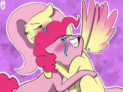Size: 1920x1440 | Tagged: safe, artist:wolfjawswriter, imported from derpibooru, fluttershy, pinkie pie, earth pony, pegasus, pony, abstract background, blushing, crying, female, flutterpie, hug, lesbian, shipping, spread wings, tears of joy, wings