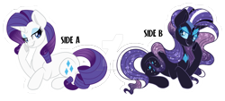 Size: 1600x721 | Tagged: safe, artist:missbramblemele, artist:missmele-madness, imported from derpibooru, part of a set, nightmare rarity, rarity, pony, unicorn, deviantart watermark, duality, lying down, obtrusive watermark, prone, simple background, transparent background, watermark, white outline