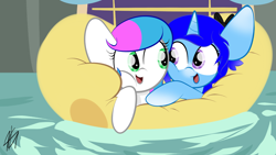 Size: 1920x1080 | Tagged: safe, artist:sugarcloud12, imported from derpibooru, oc, oc only, oc:sugar cloud, pegasus, pony, unicorn, road to friendship, cheek squish, i guess we're stuck together, inflatable raft, lying down, prone, raft, squishy, squishy cheeks, we're friendship bound