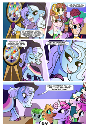 Size: 2100x3000 | Tagged: safe, artist:loryska, imported from derpibooru, trixie, oc, oc only, oc:clarabelle, oc:conundrum solar flare, oc:plumeria, earth pony, hybrid, pegasus, pony, zony, comic:friendship grows, clothes, comic, female, high res, magic, mare, offspring, parent:quibble pants, parent:rainbow dash, parents:quibbledash, roulette, scroll
