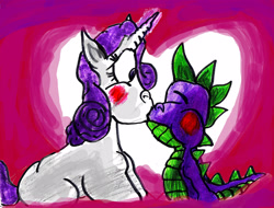Size: 2812x2133 | Tagged: safe, artist:sonicclone, imported from derpibooru, rarity, spike, bashing, blushing, eyes closed, female, heart, high res, kiss on the lips, kissing, male, shipping, sparity, straight, surprise kiss, traditional art