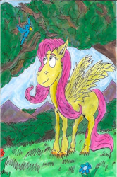 Size: 519x783 | Tagged: safe, artist:sonicclone, imported from derpibooru, fluttershy, bird, pony, flower, forest, grass, missing cutie mark, mountain, sky, tree