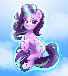 Size: 1782x2009 | Tagged: safe, artist:alinabr00k, imported from derpibooru, starlight glimmer, pony, unicorn, cloud, colored pupils, cute, dreamworks face, female, floating, flying, glimmerbetes, glowing horn, horn, levitation, lidded eyes, looking at you, magic, magic aura, mare, s, self-levitation, sky, smiling, smirk, solo, stars, telekinesis