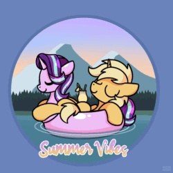 Size: 1000x1000 | Tagged: safe, artist:sugar morning, imported from derpibooru, starlight glimmer, oc, oc:sunlight bolt, pony, unicorn, animated, canon x oc, commission, drink, female, floating, gif, glimmbolt, inflatable, inflatable toy, inner tube, lake, loop, male, mountain, pool toy, shipping, straight, sugar morning's summer vibes, ych result